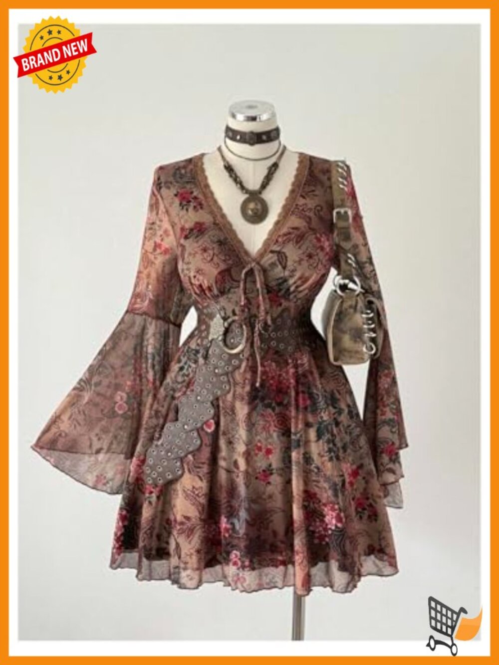 Plus Size Boho Paisley Lace Mini Dress Long Sleeve Sweetheart Neck - Picture 4 of 4